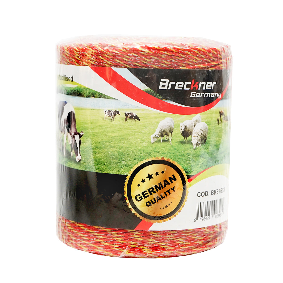 Elektromos kerítés dróttekercs, sárga-piros, 2 mm átmérő, 6×0,15 mm rozsdamentes acél betéttel, 500 m, Breckner Germany