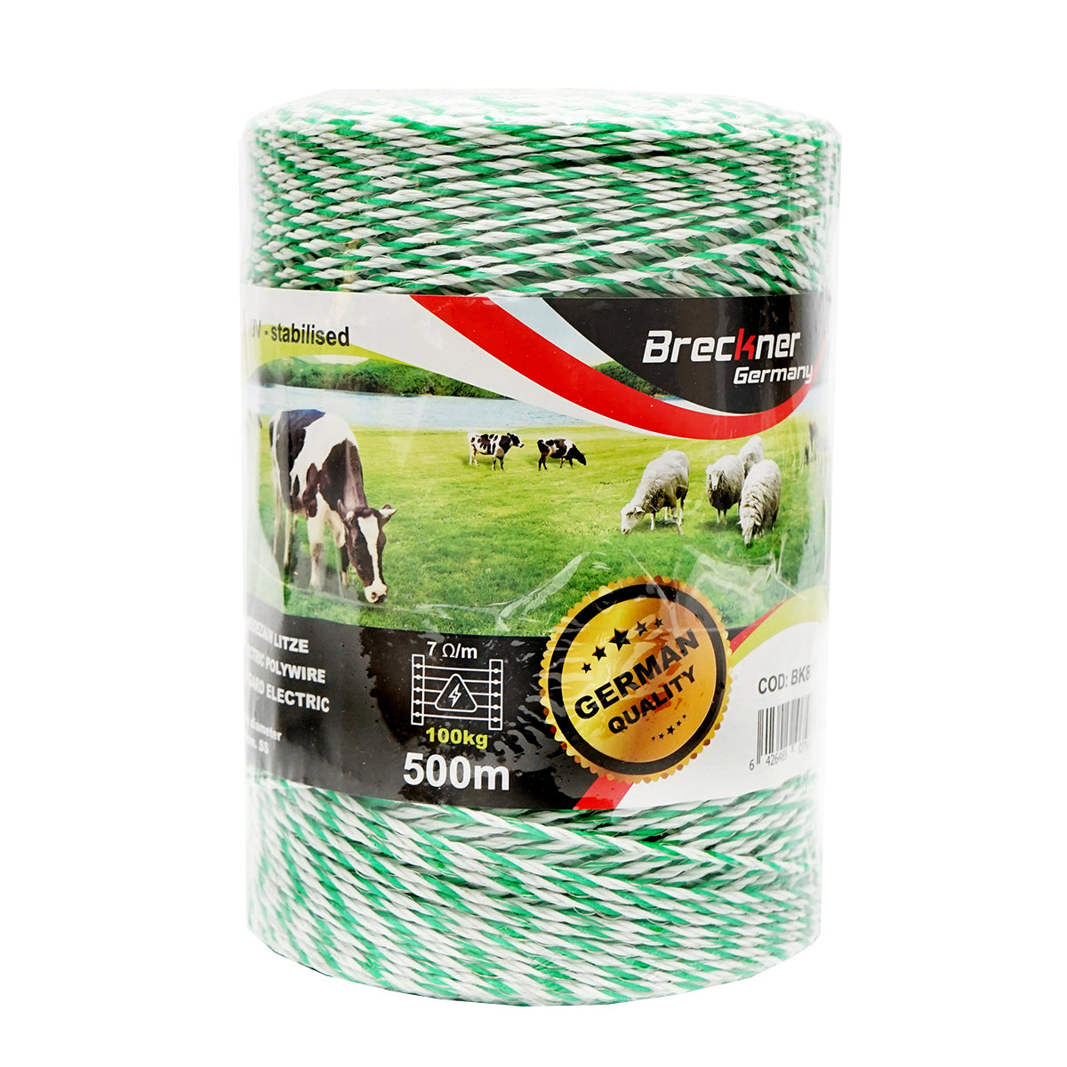 Elektromos kerítés dróttekercs, fehér-zöld, 2,5 mm átmérő, 4×0,2 mm rozsdamentes acél betéttel, ellenállás 7 Ohm/m, 500 m, Breckner Germany