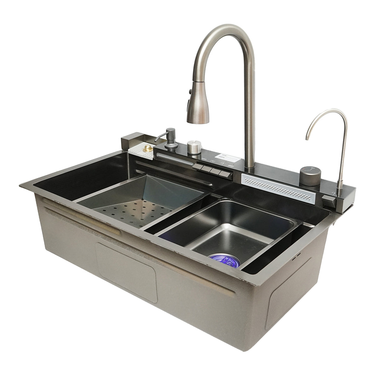 Multifunkcionális mosogató kagyló 2 vízeséssel, rozsdamentes acél, digitális hőmérséklet kijelzővel, szappanadagolóval, üvegmosóval, mellékelt tartozékokkal, méret 75x46x23,5cm