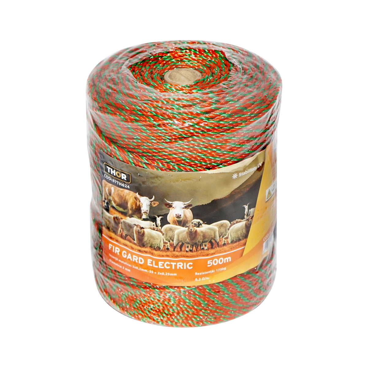 Elektromos kerítés dróttekercs, narancssárga-zöld, 3 mm átmérő, 3×0,2 mm rozsdamentes acél és 2×0,25 mm betéttel, ellenállás 0,2 Ohm/m, 500 m, Thor