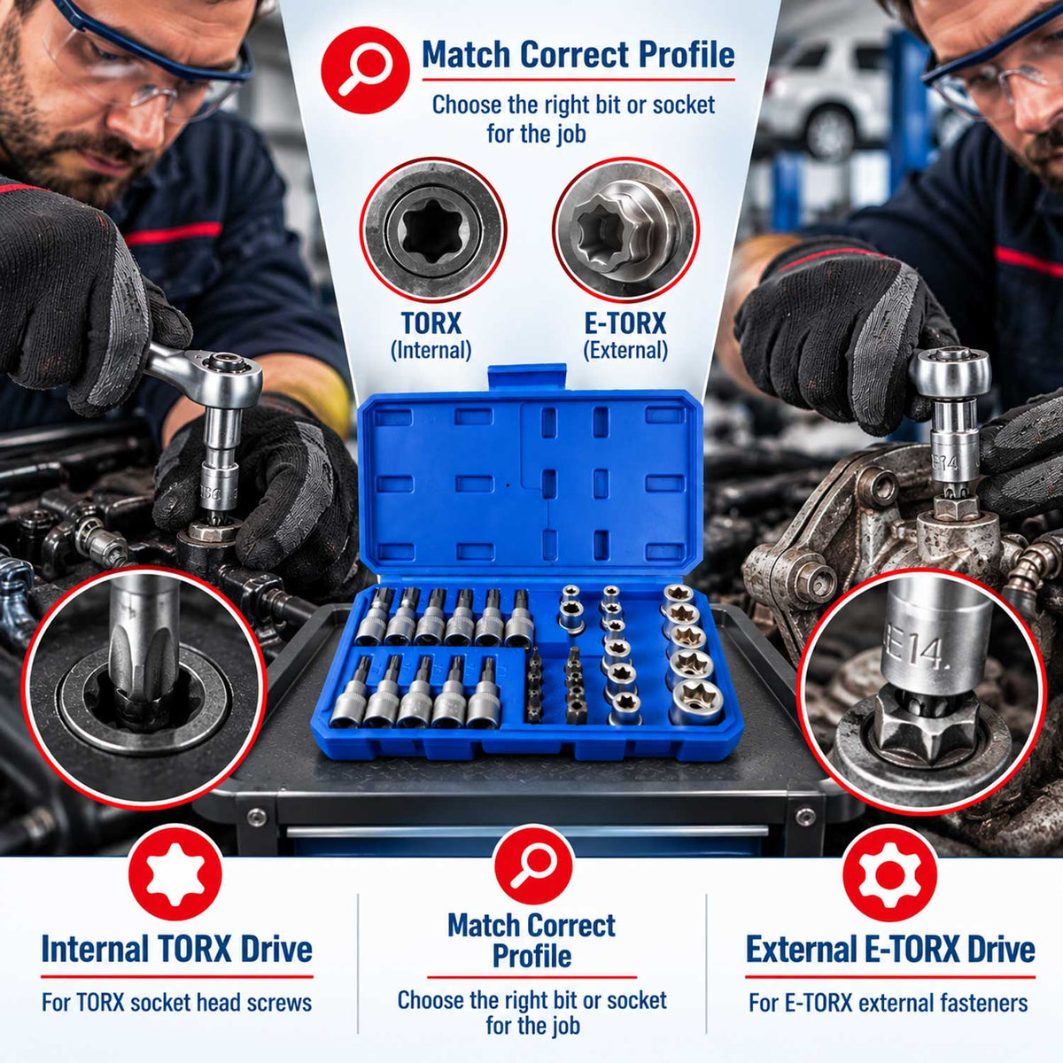 Dugókulcs készlet e-profil TORX 3/8" 34 db t10-t60 e4-e20 GEBO TOOLS