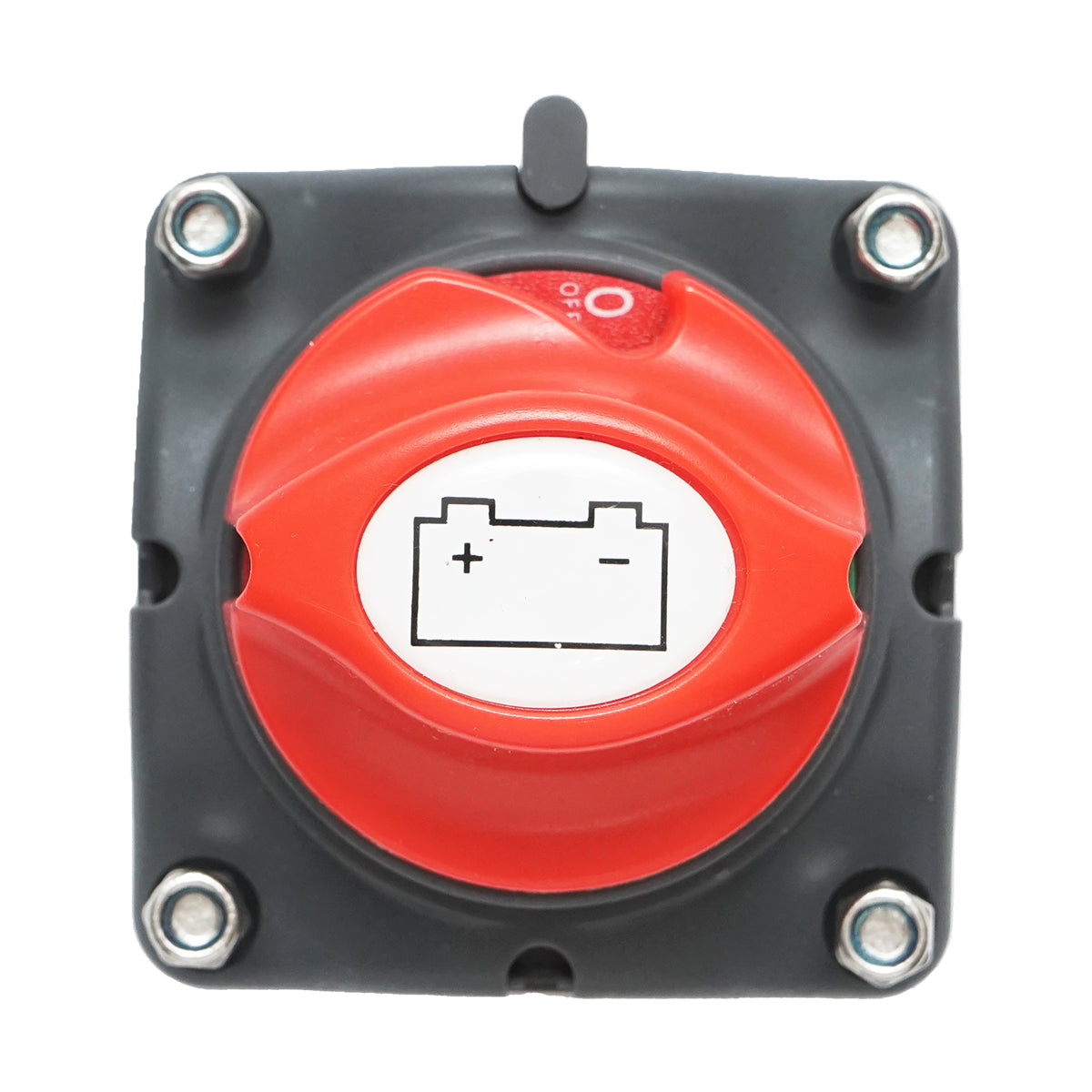Főkapcsoló akkumulátorhoz, 12–50V, méret: 70x70x75 mm
