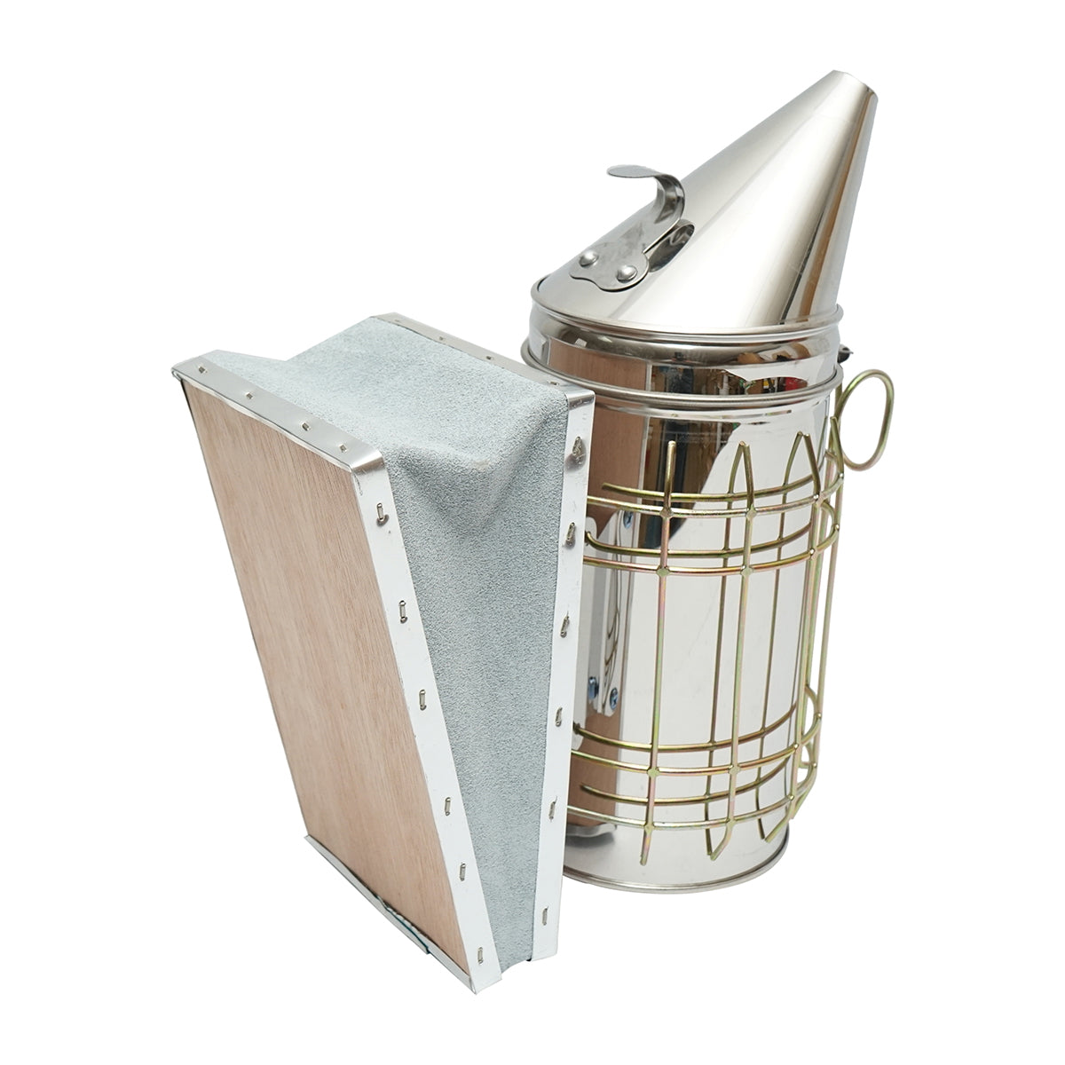 Méhészeti füstölő, rozsdamentes acél, hővédő hengerrel és bőrfújtatóval, 190 mm