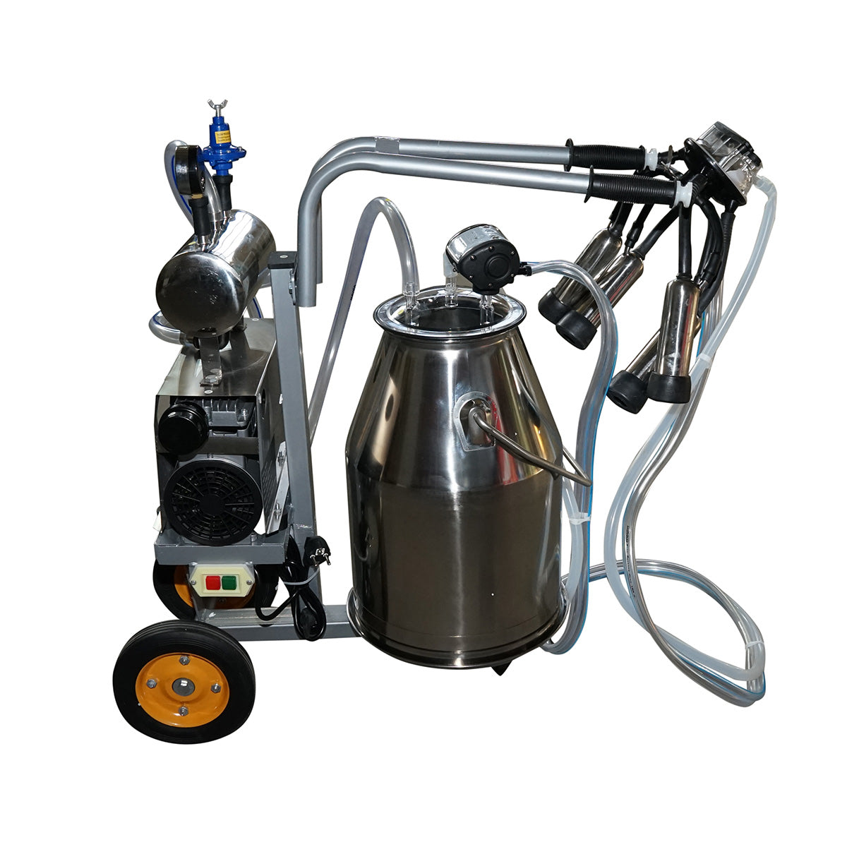 Tehénfejő gép, 1 állásos, 650 W, 25 literes rozsdamentes acél tartállyal, fejőegység 4 fejőpohárral, vákuumnyomás 45–50 kPa, pulzálás 60–80 ciklus/perc