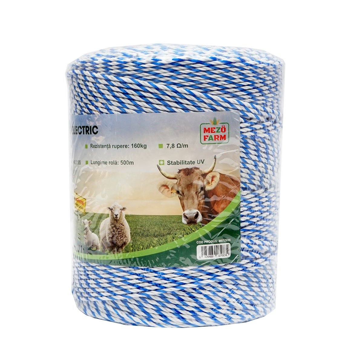 Elektromos kerítés dróttekercs, fehér-kék, 3 mm átmérő, 3×0,2 mm rozsdamentes acél betéttel, ellenállás 7,8 Ohm/m, 500 m, Mezofarm