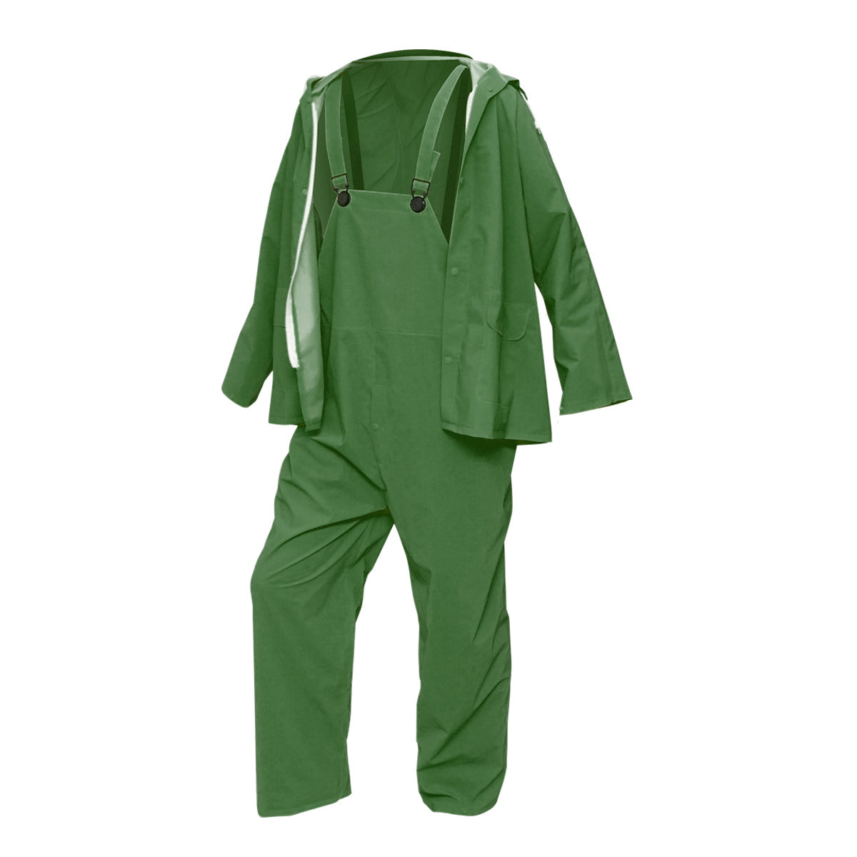 Esőálló munkaruha, M méret, kapucnis kabáttal és kertésznadrággal, poliészter és PVC, zöld, Breckner Germany