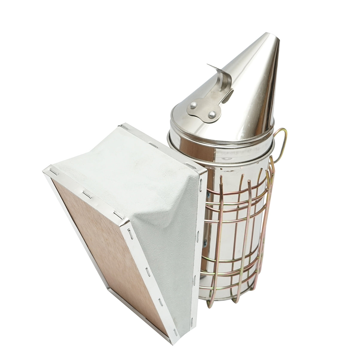 Méhészeti füstölő, hővédő hengerrel és bőrfújtatóval, 160 mm, rozsdamentes acél