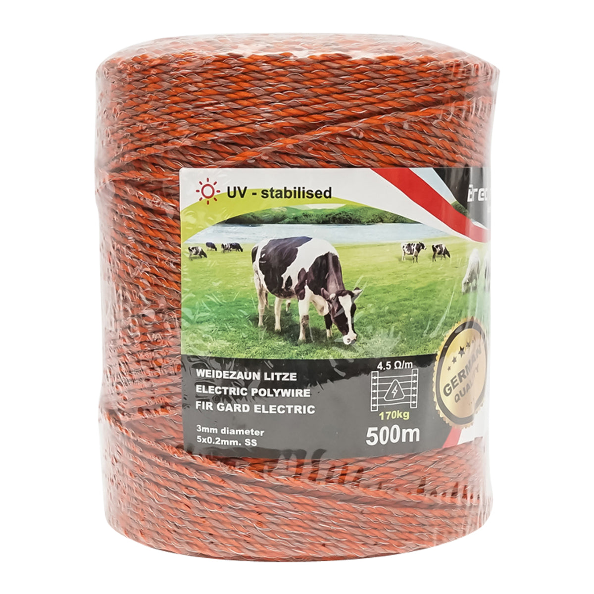 Elektromos kerítés dróttekercs, narancssárga-barna, 3 mm átmérő, 5×0,2 mm rozsdamentes acél betéttel, ellenállás 4,5 Ohm/m, 500 m, Breckner Germany