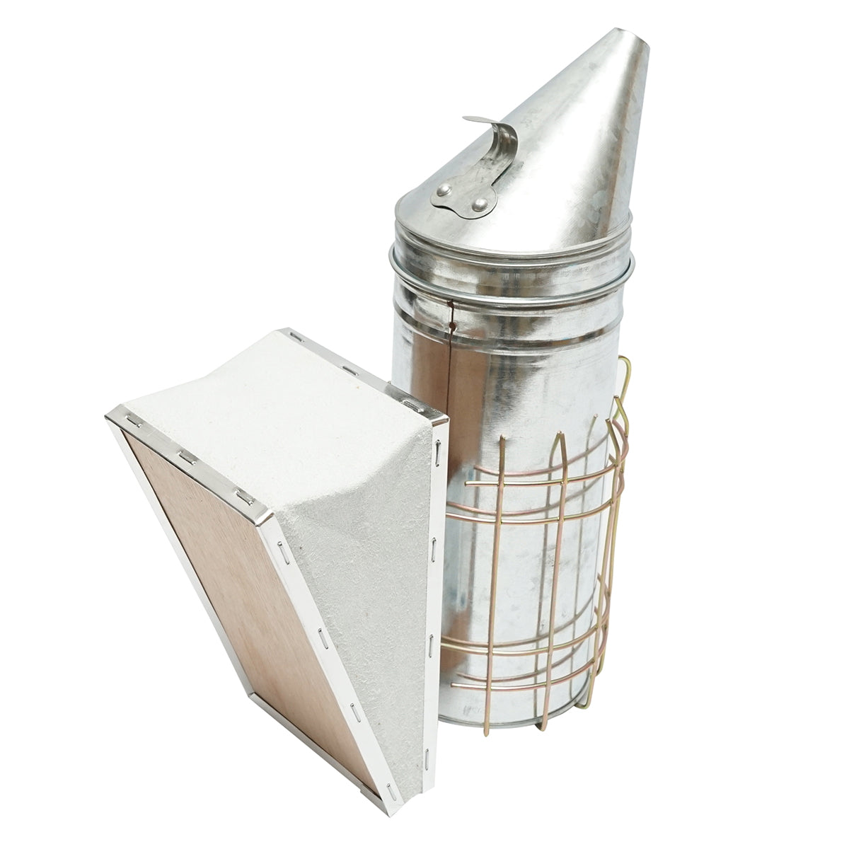 Méhészeti füstölő, horganyzott acél, hővédő hengerrel és bőrfújtatóval, 230 mm