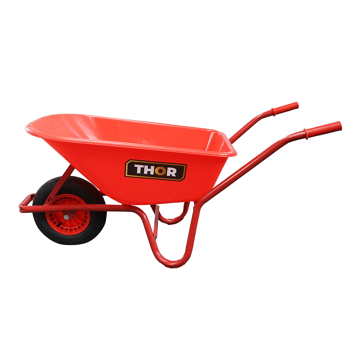 Piros műanyag talicska 85L pneumatikus kerékkel 400/8, fém vázzal 940x580x300mm Thor