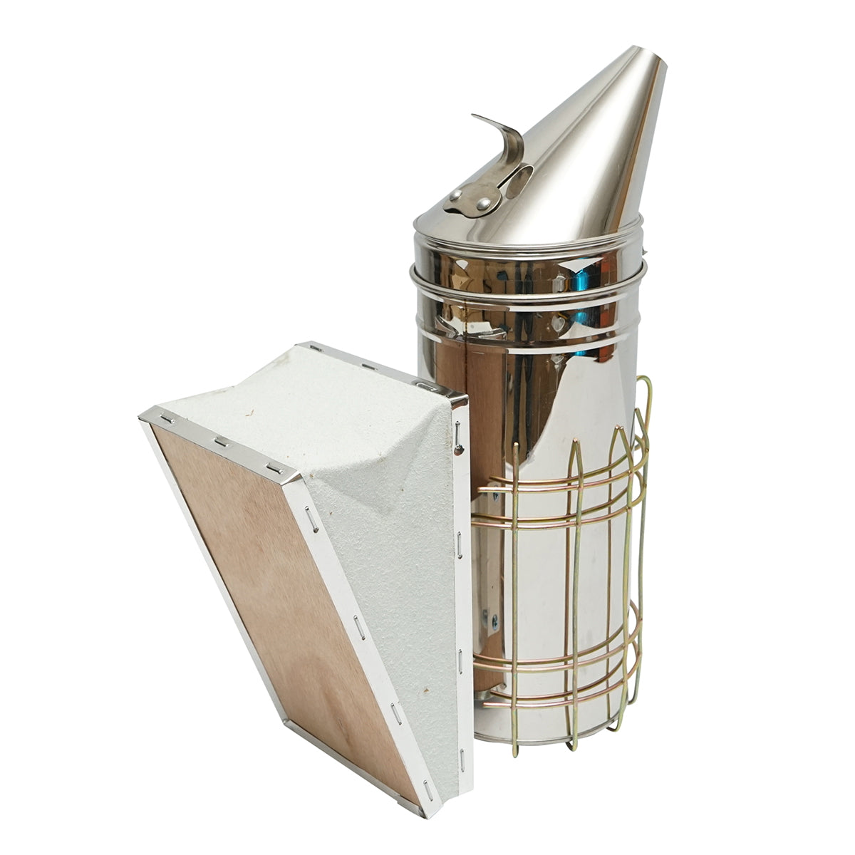 Méhészeti füstölő, rozsdamentes acél, hővédő hengerrel és bőrfújtatóval, 230 mm