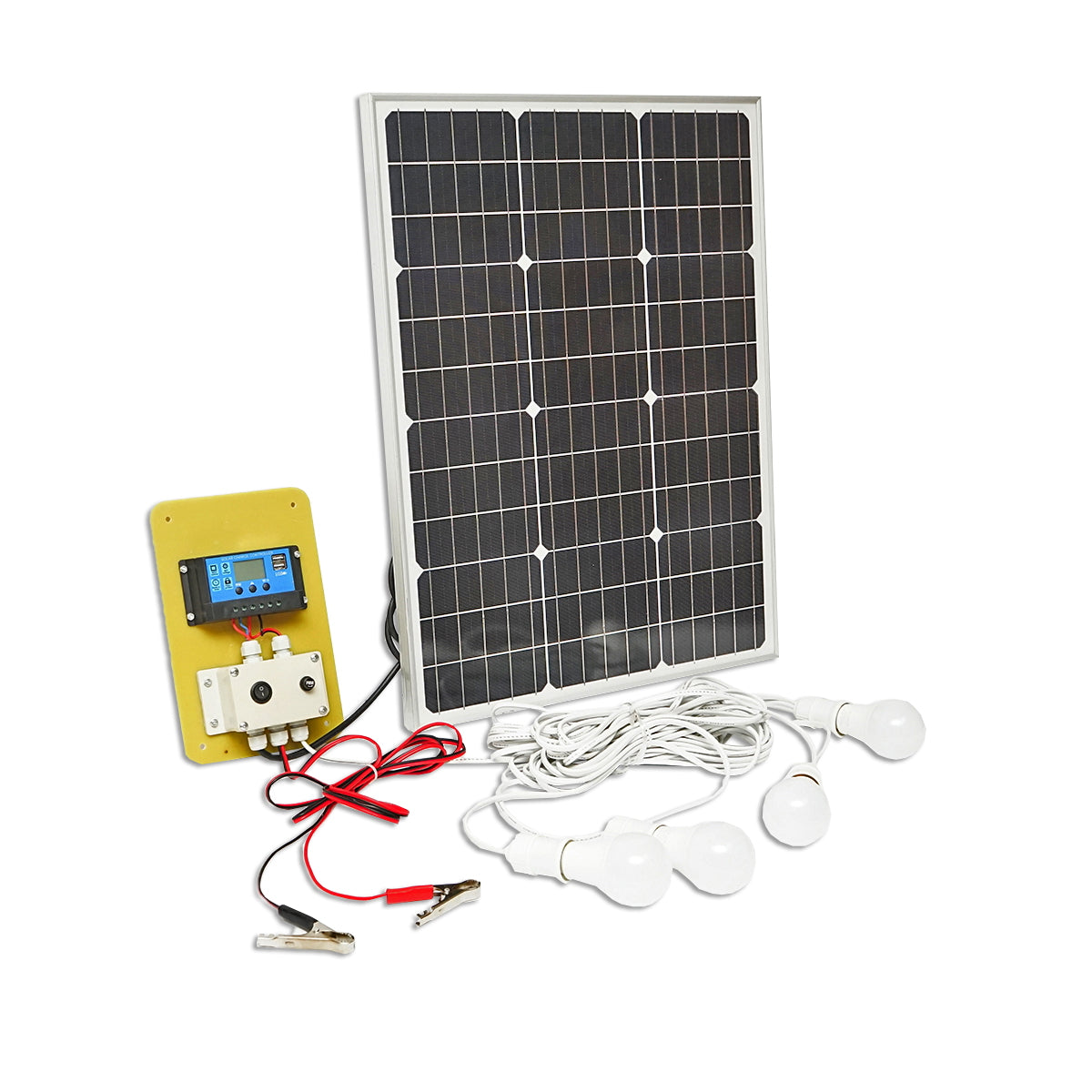 Napelem szett, 50W monokristályos, 670x540x30 mm, 12–24V, 12/17Ah akkumulátorral, 4 db 9W izzóval, Breckner Germany