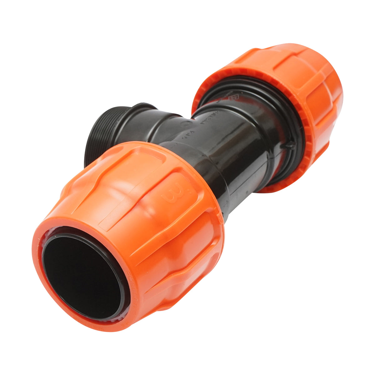 T-idom, külső menetes, egyenlő Layflat kompressziós csatlakozással, D3x3x3 col, PN6, öntözőrendszerhez