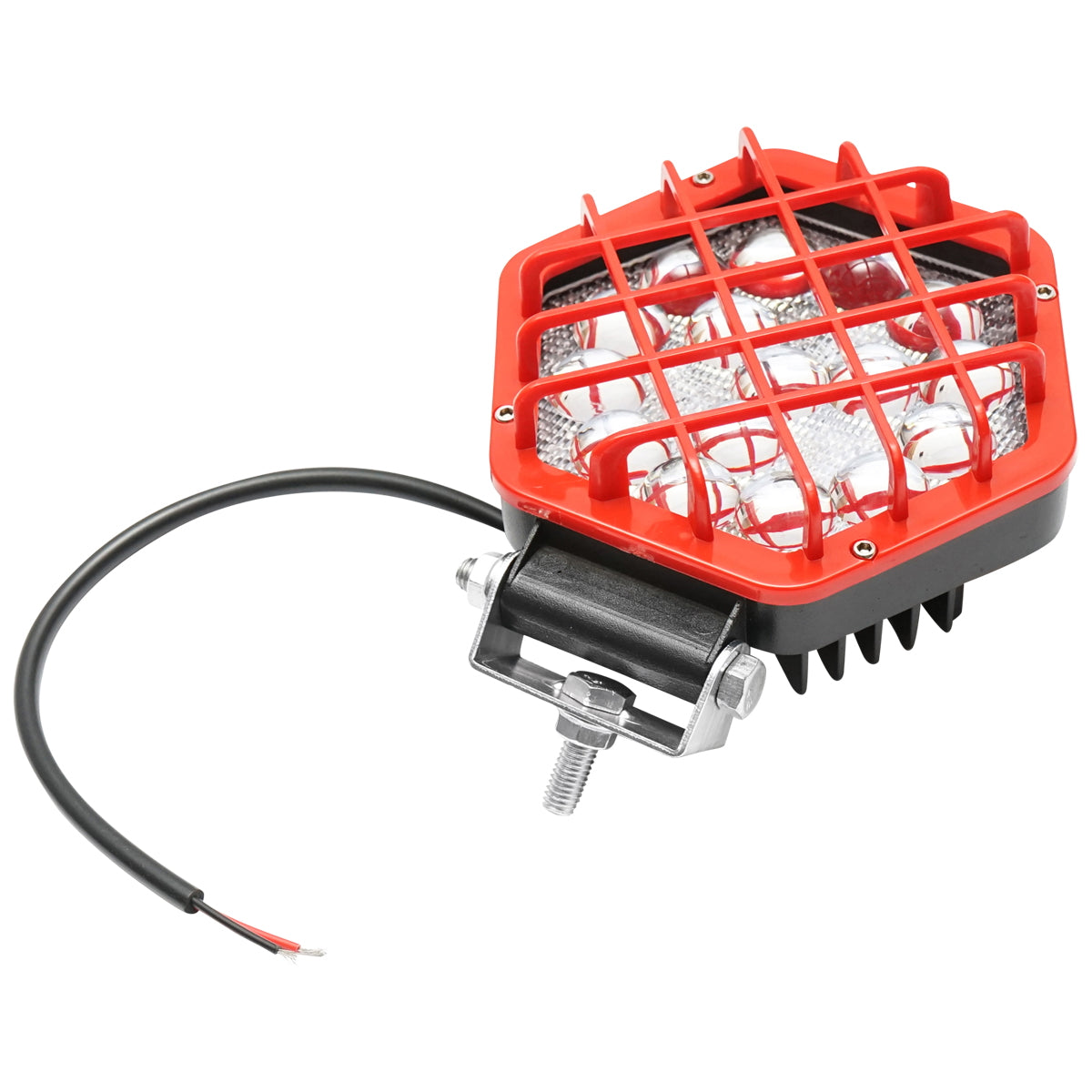 Hatszögletű lámpa piros műanyag ráccsal, 16 LED, DC 10–60V, 48W, 30° sugárzási szög