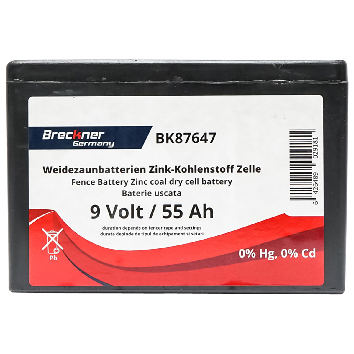 Száraz akkumulátor (nem újratölthető), 9 V, 55 Ah, elektromos kerítéshez, Breckner Germany