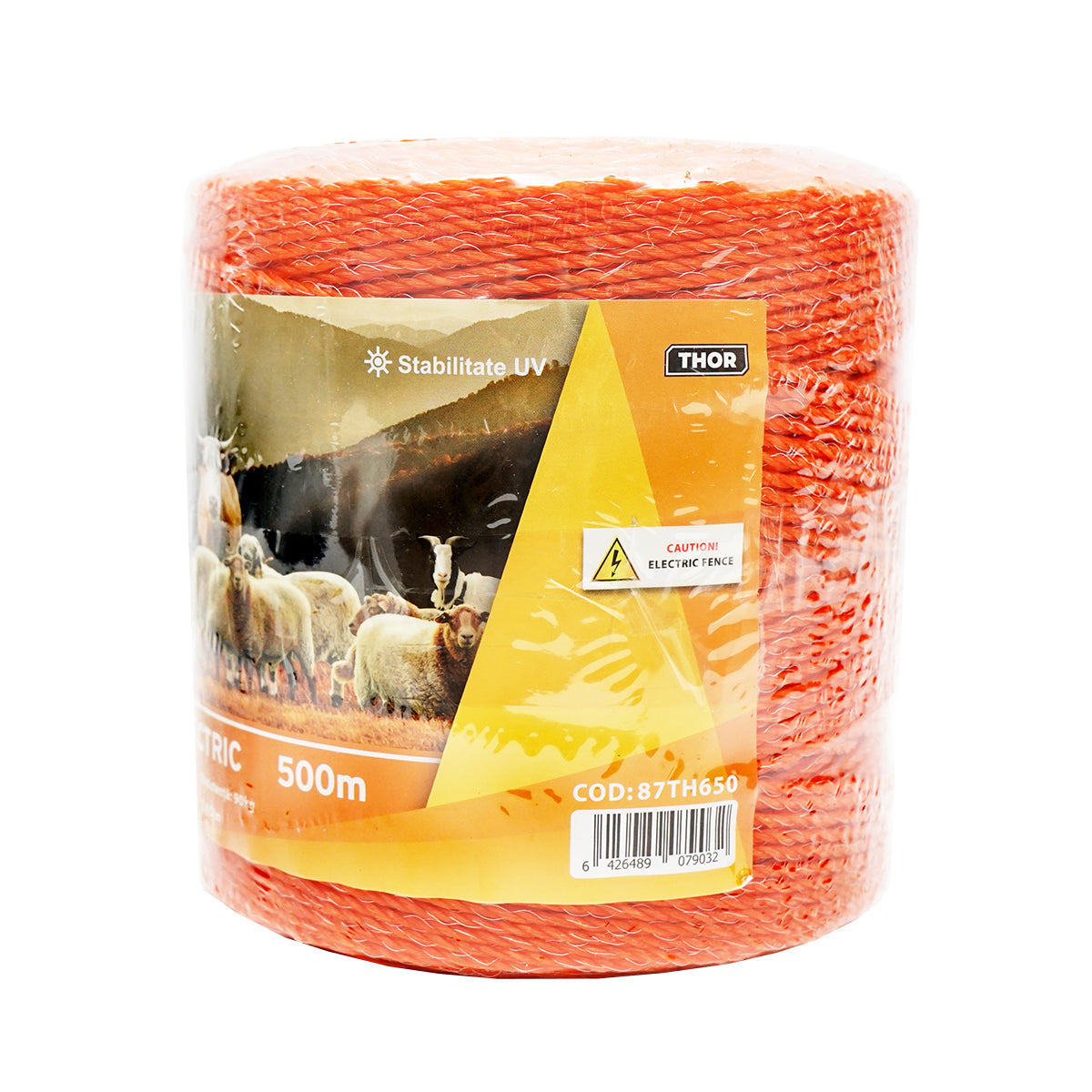 Elektromos kerítés dróttekercs, narancssárga, 2,5 mm átmérő, 3×0,15 mm rozsdamentes acél betéttel, ellenállás 7,4 Ohm/m, 500 m, Thor