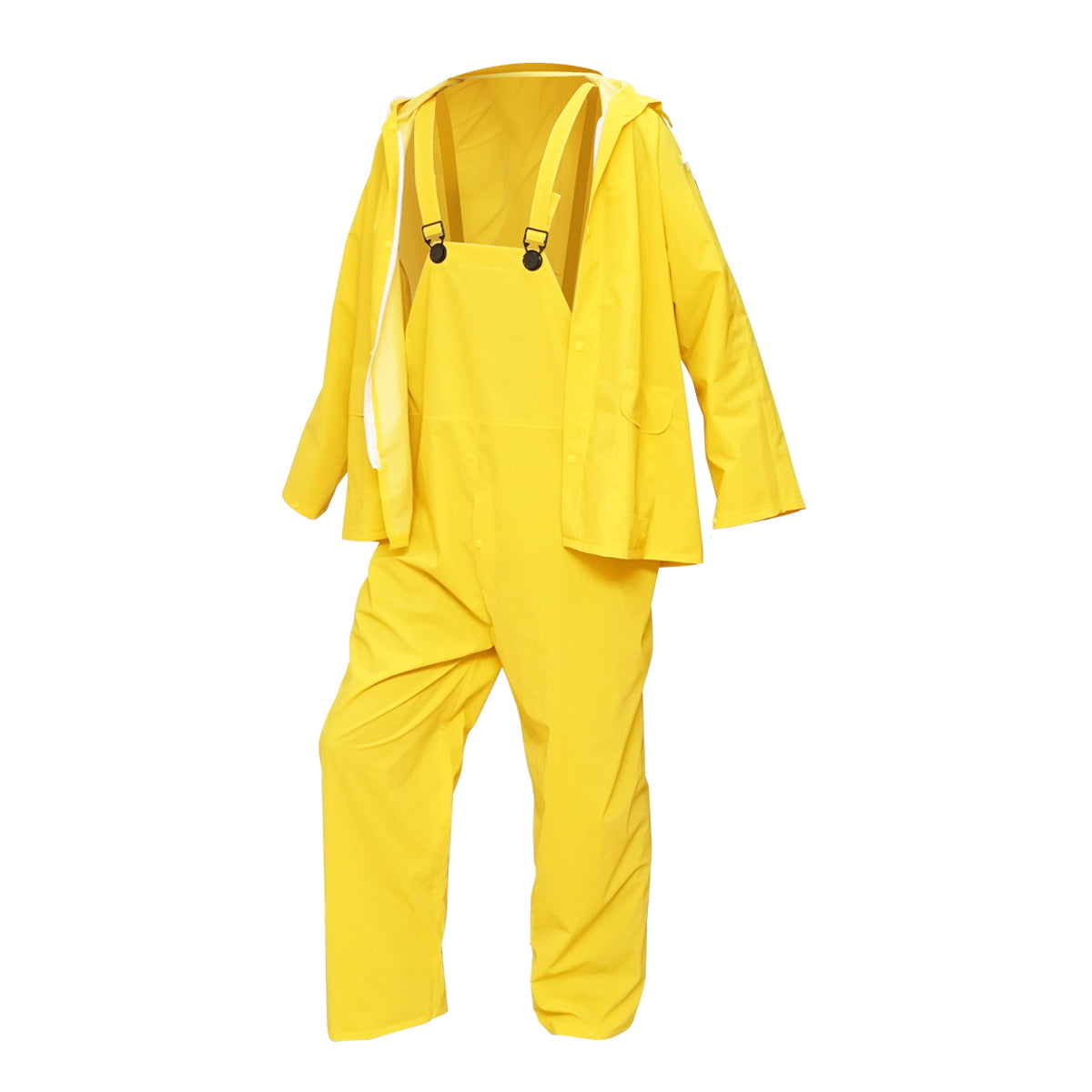 Esőálló munkaruha, XL méret, kapucnis kabáttal és kertésznadrággal, poliészter és PVC, sárga, Breckner Germany