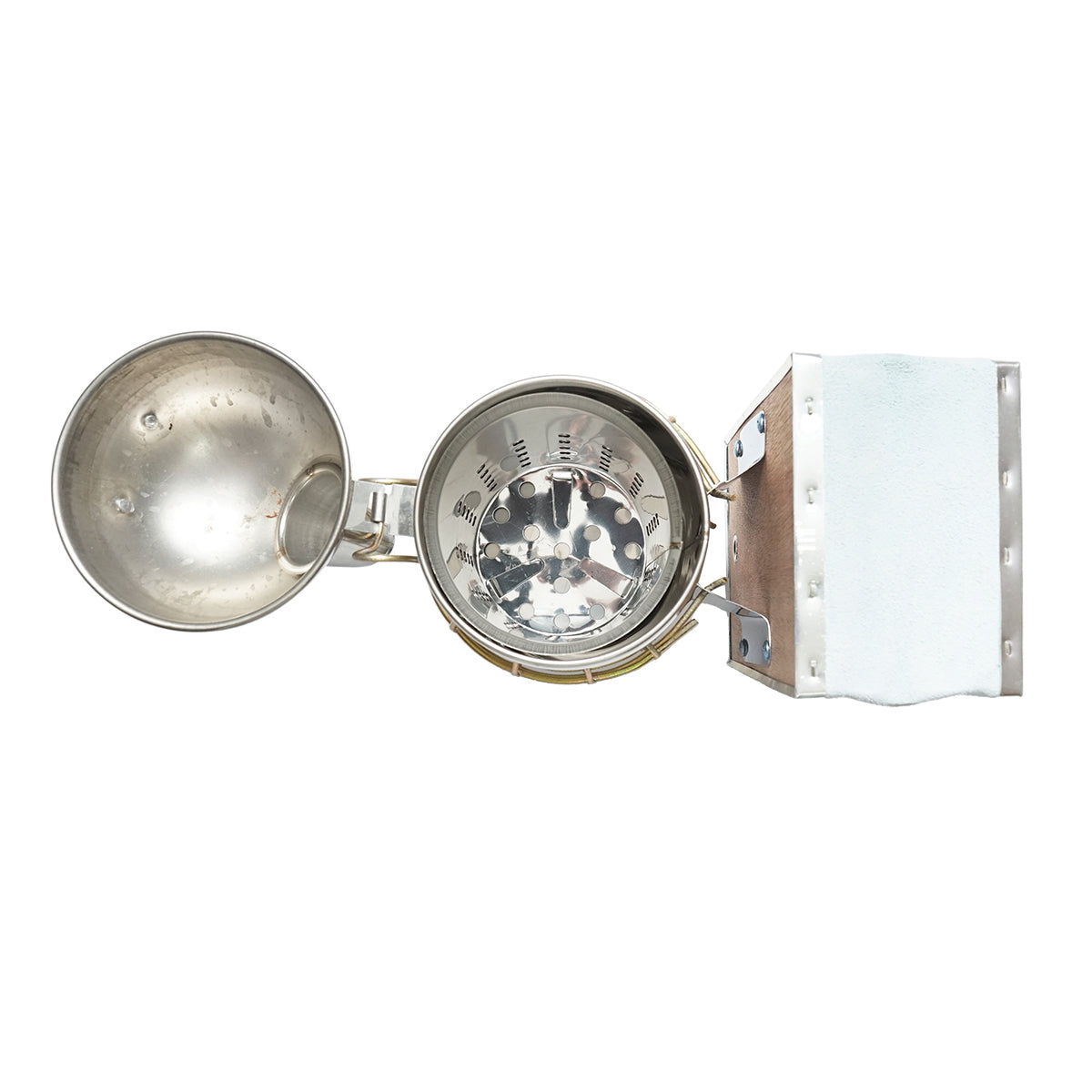 Méhészeti füstölő, rozsdamentes acél, 160 mm, hővédő hengerrel és bőrfújtatóval