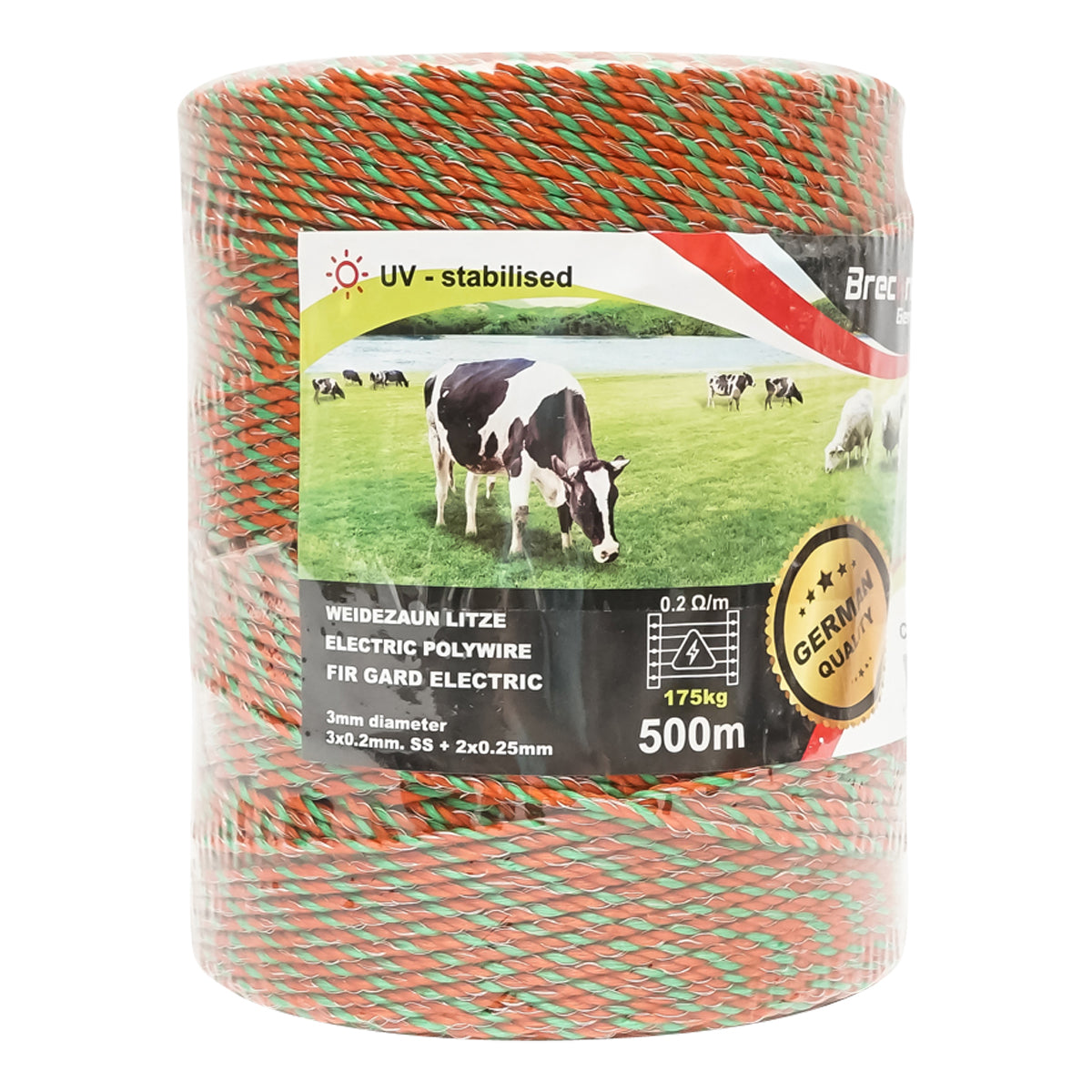 Elektromos kerítés dróttekercs, narancssárga-zöld, 3 mm átmérő, 3×0,2 mm rozsdamentes acél és 2×0,25 mm réz betéttel, 500 m, Breckner Germany