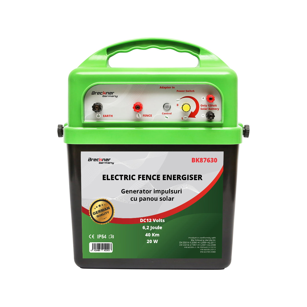 Impulzusgenerátor elektromos kerítéshez, 12 V, 6,2 Joule, 40 km hatótáv, 20 W napelemmel, Breckner Germany