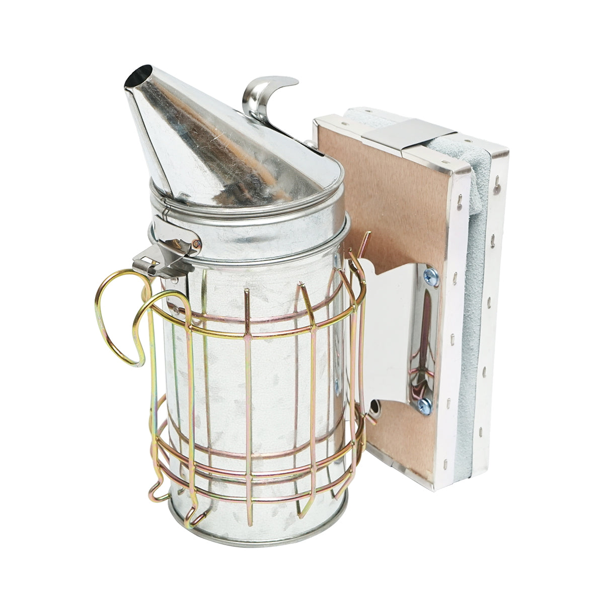 Méhészeti füstölő, rozsdamentes acél, hővédő hengerrel és bőrfújtatóval, 160 mm