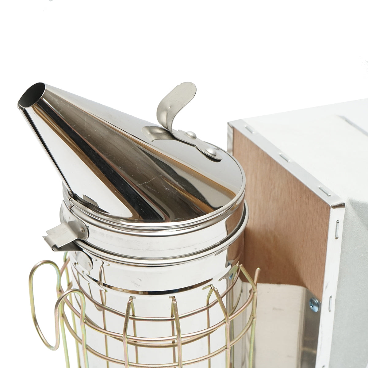 Méhészeti füstölő, rozsdamentes acél, hővédő hengerrel és bőrfújtatóval, 190 mm