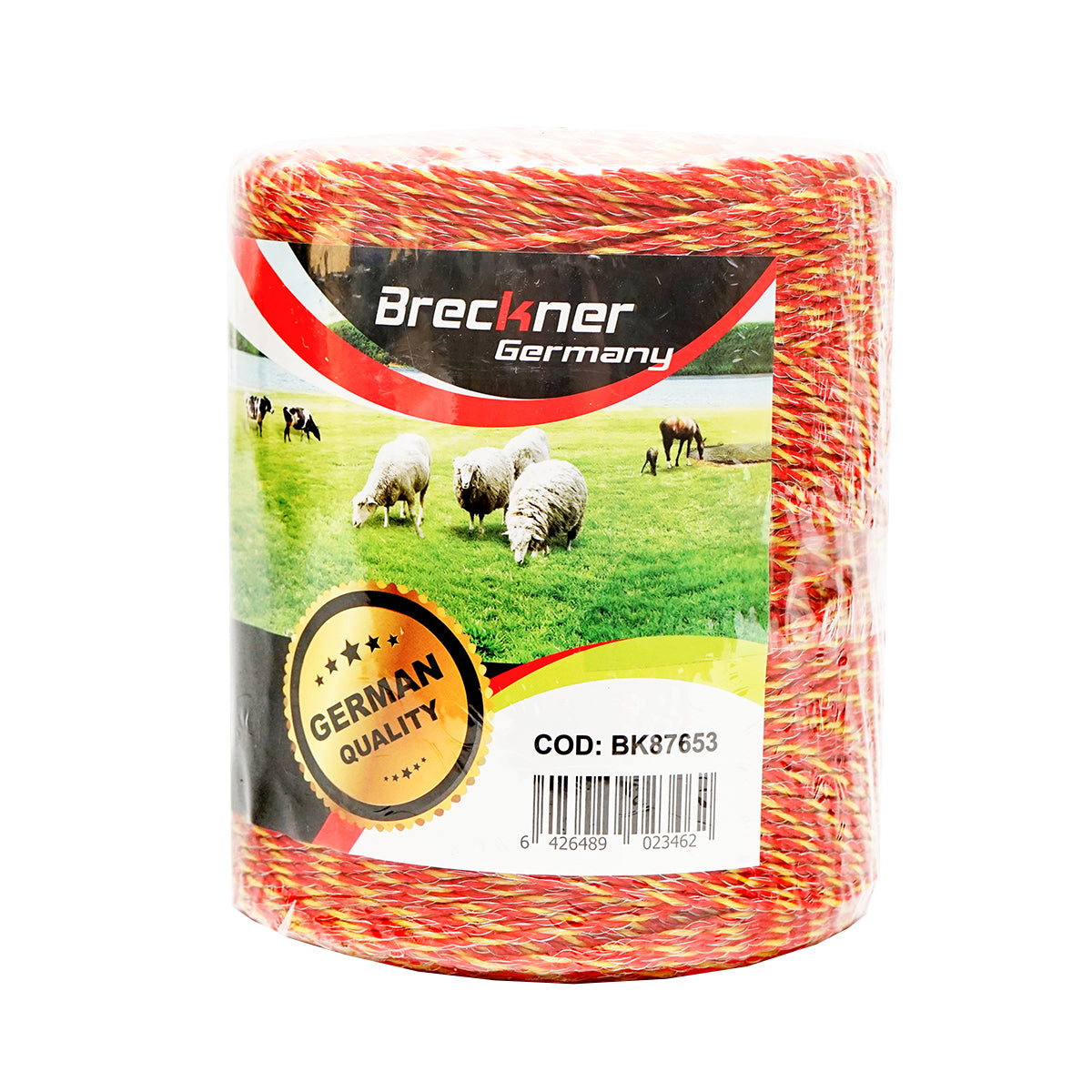 Elektromos kerítés dróttekercs, sárga-piros, 2 mm átmérő, 6×0,15 mm rozsdamentes acél betéttel, 500 m, Breckner Germany