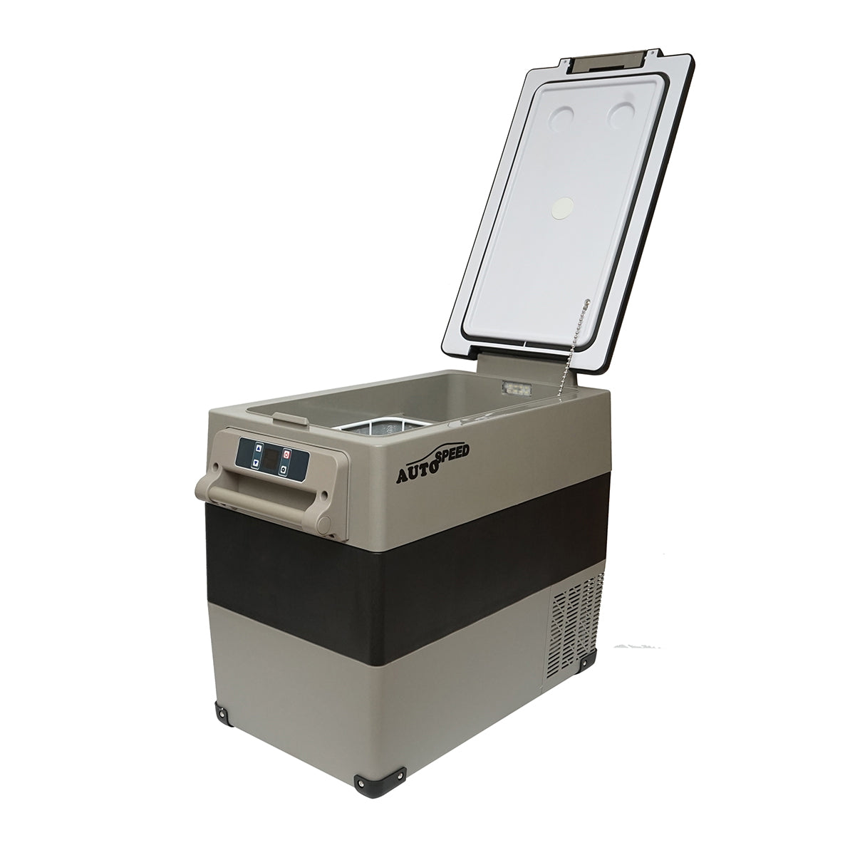 Autós hűtőszekrény kompresszorral, 60W, 49.4L kapacitás, 12–24–220V tápfeszültség, LCD kijelzővel, 690x346x524 mm, CF55 AUTOSPEED