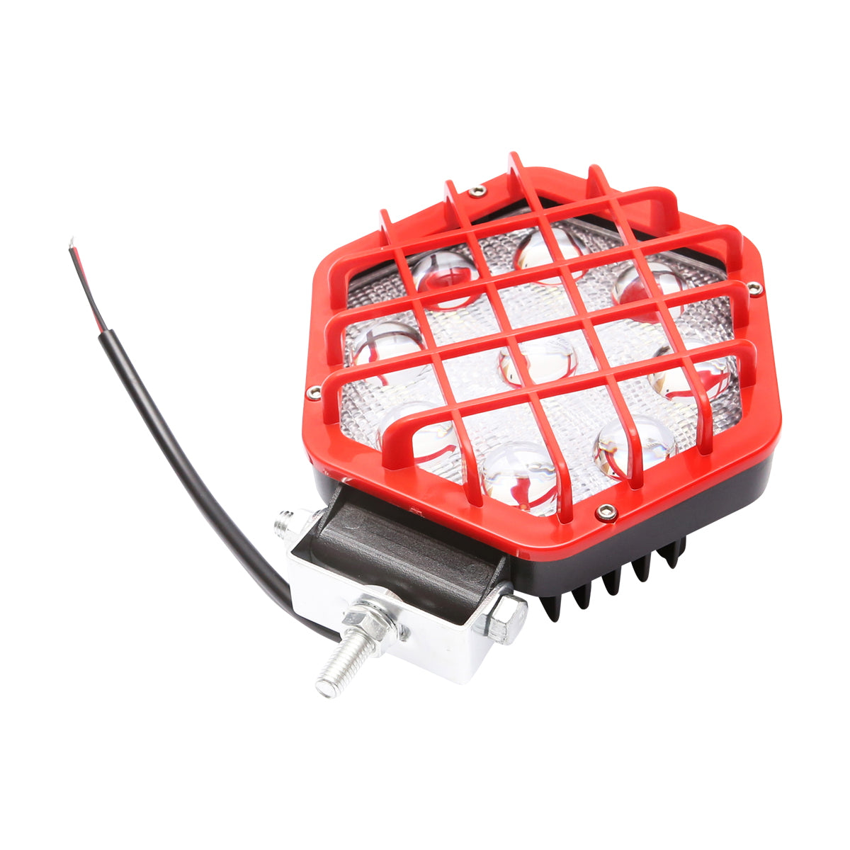 Hatszögletű reflektor, piros műanyag ráccsal, 9 LED, 30° sugárzási szög, DC 10–80V, 27W, Breckner Germany