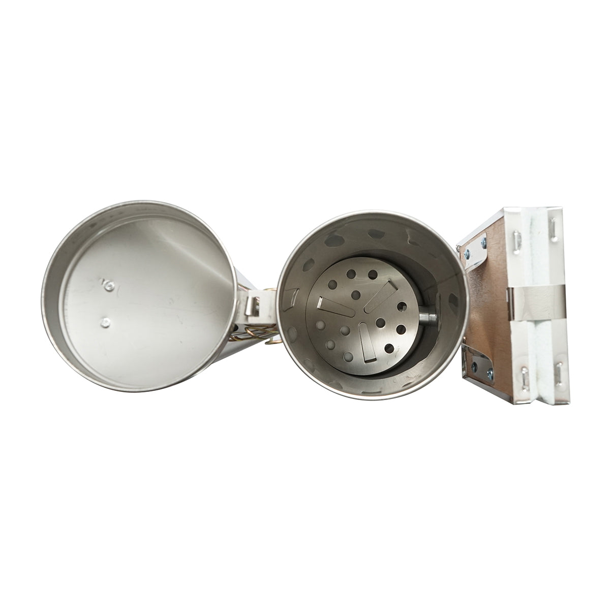 Méhészeti füstölő, rozsdamentes acél, hővédő hengerrel és bőrfújtatóval, 230 mm