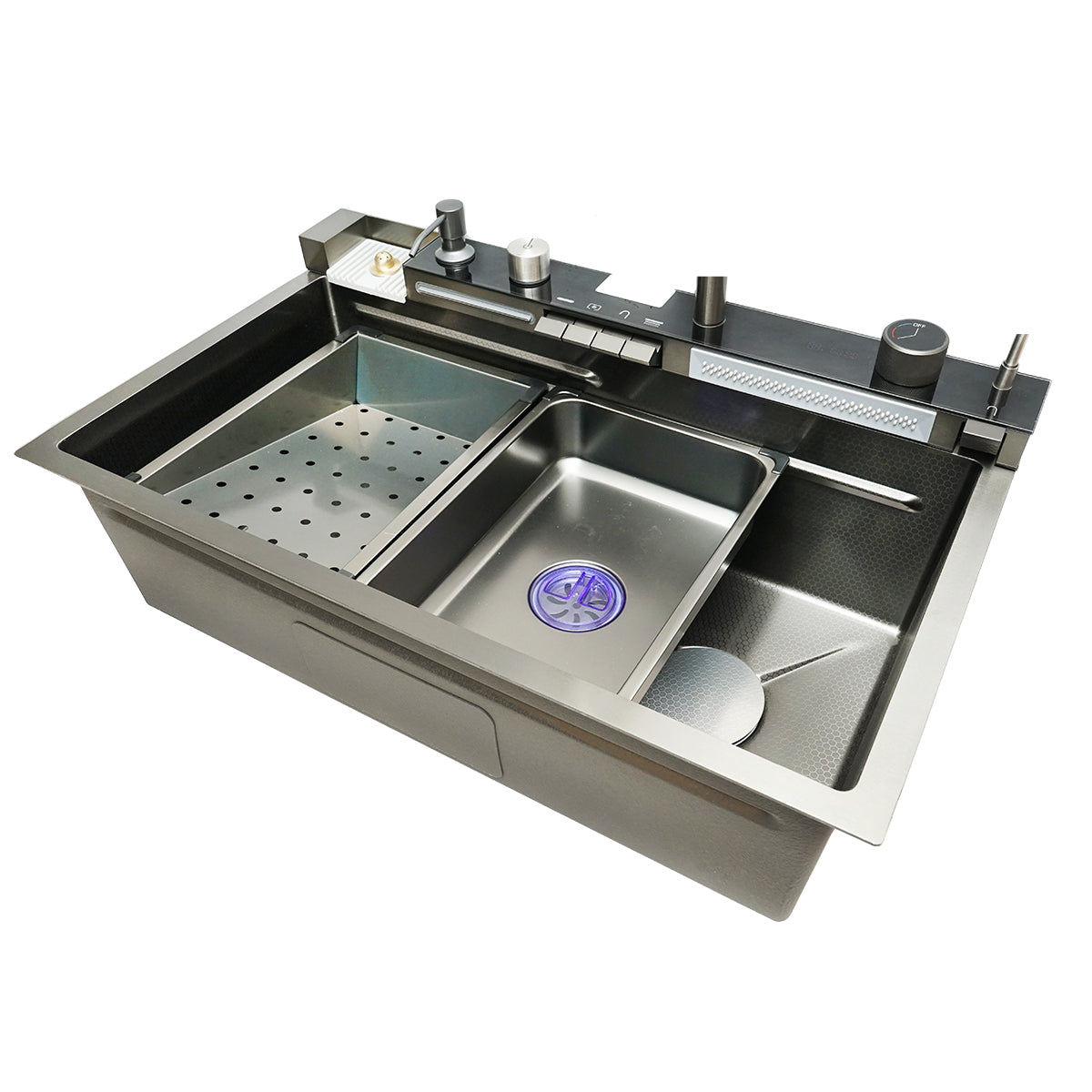 Multifunkcionális mosogató kagyló 2 vízeséssel, rozsdamentes acél, digitális hőmérséklet kijelzővel, szappanadagolóval, üvegmosóval, mellékelt tartozékokkal, méret 75x46x23,5cm