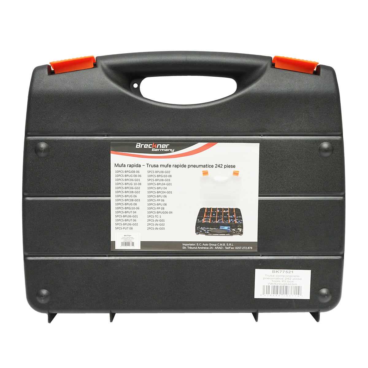 242 darabos készlet: poliamid tömlővágó fogó, csatlakozók, gyorscsatlakozók, sűrített levegő tömlőidomok, Breckner Germany
