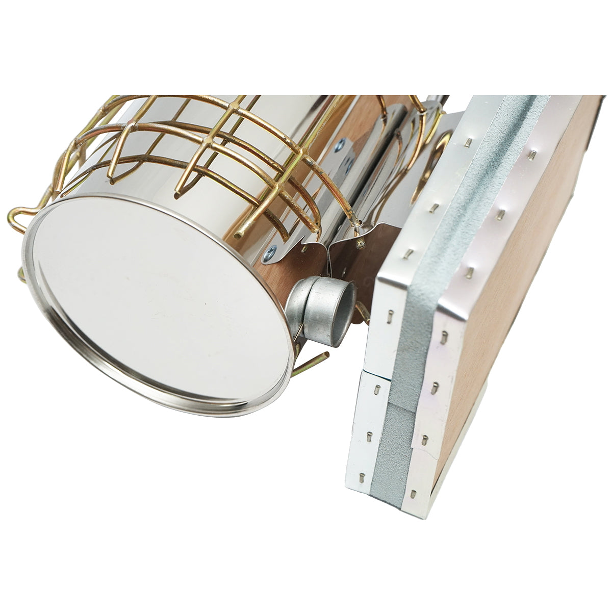 Méhészeti füstölő, rozsdamentes acél, 160 mm, hővédő hengerrel és bőrfújtatóval