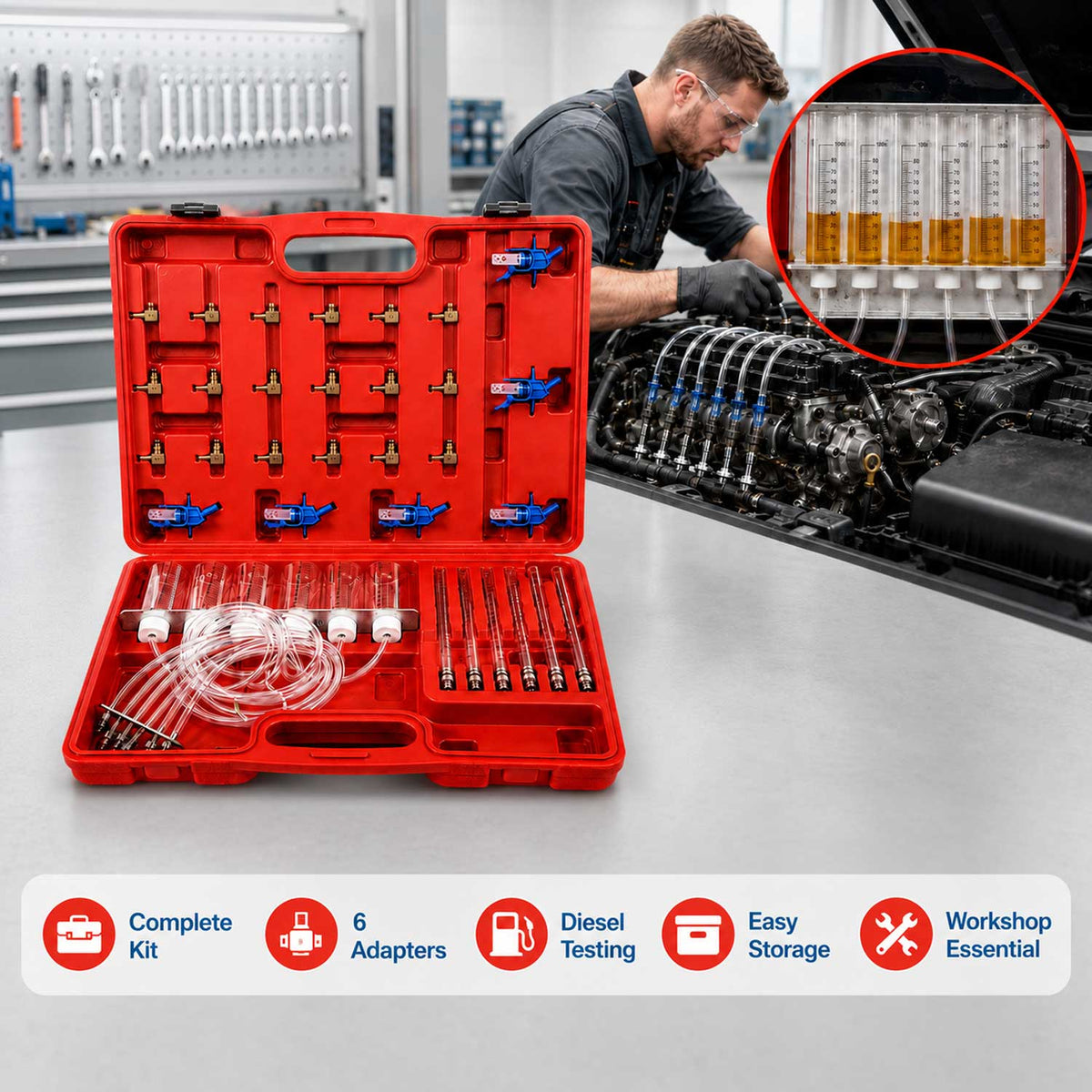 Üzemanyag-visszatérési szivárgásellenőrző készlet – COMMON RAIL dízel injektor áramlási tesztkészlet, adapter 6 hengeres motorokhoz GEBO TOOLS