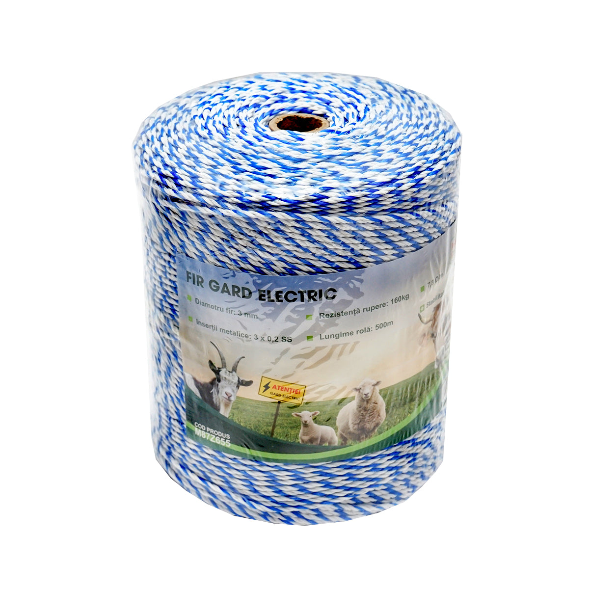 Elektromos kerítés dróttekercs, fehér-kék, 3 mm átmérő, 3×0,2 mm rozsdamentes acél betéttel, ellenállás 7,8 Ohm/m, 500 m, Mezofarm