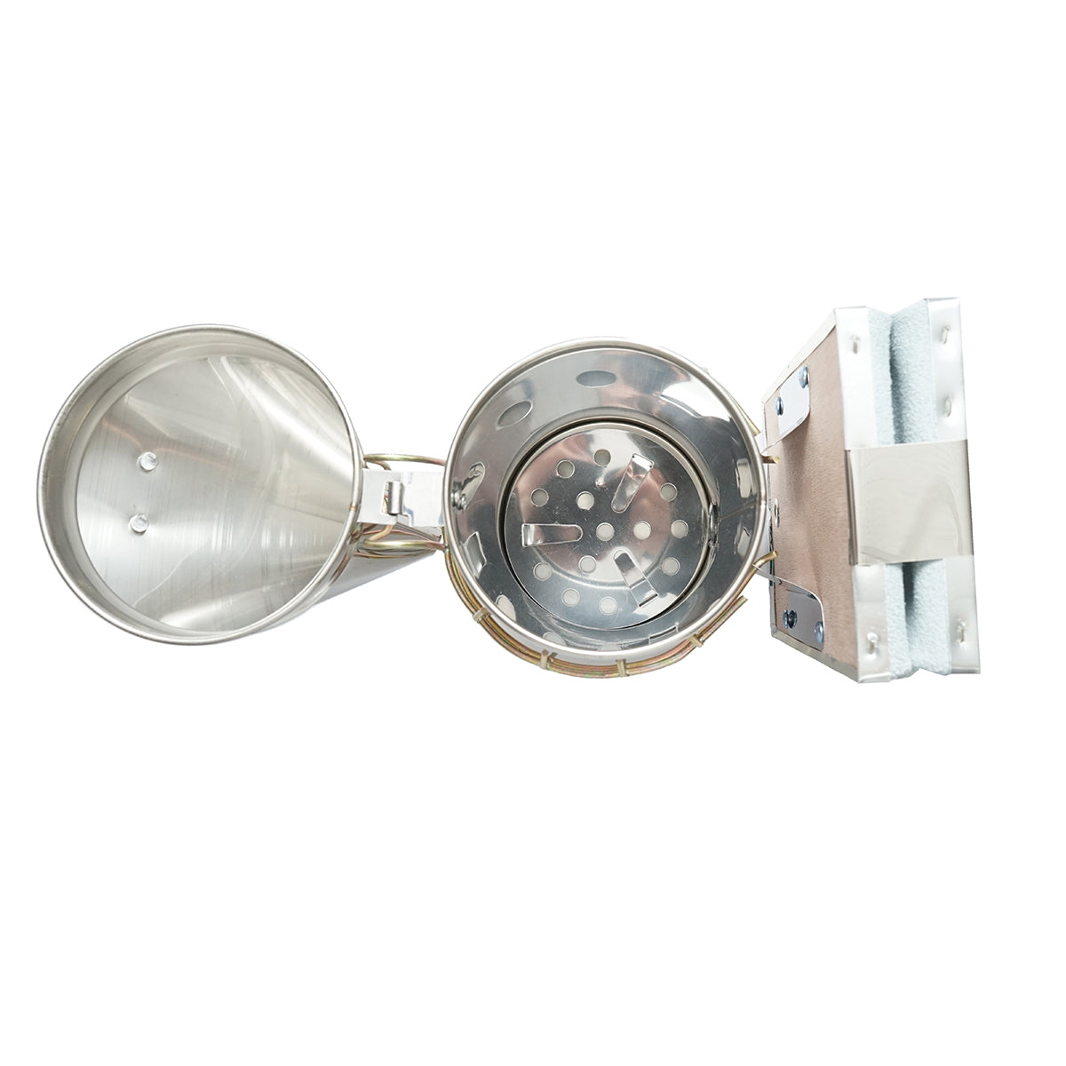 Méhészeti füstölő, rozsdamentes acél, hővédő hengerrel és bőrfújtatóval, 190 mm