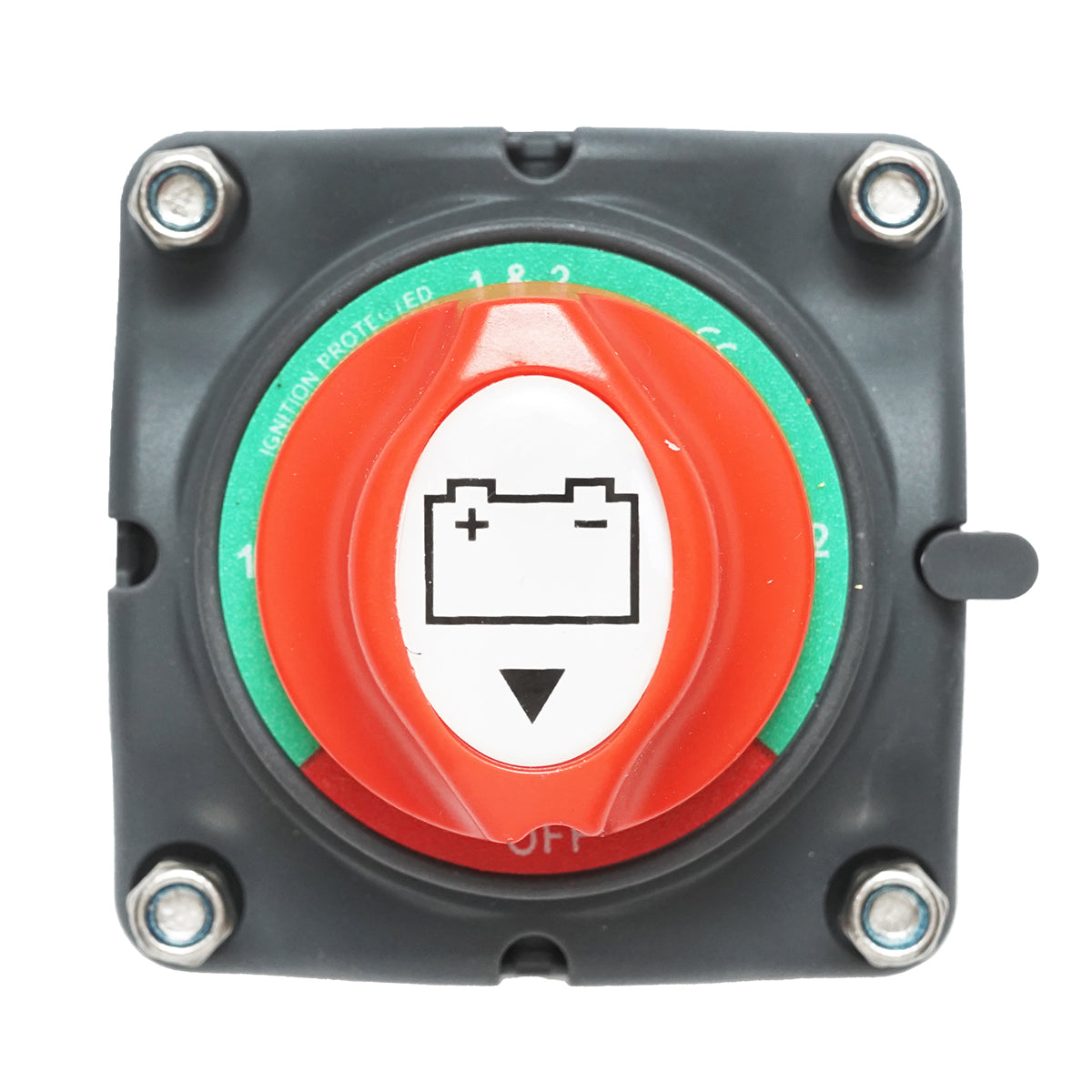 Főkapcsoló akkumulátorhoz, 12–50V, max. 200A, méret: 70x70x75 mm