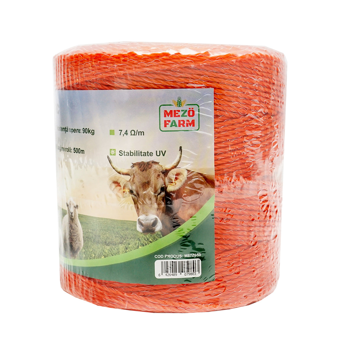 Elektromos kerítés dróttekercs, narancssárga, 2,5 mm átmérő, 3×0,15 mm rozsdamentes acél betéttel, ellenállás 7,4 Ohm/m, 500 m, Mezofarm