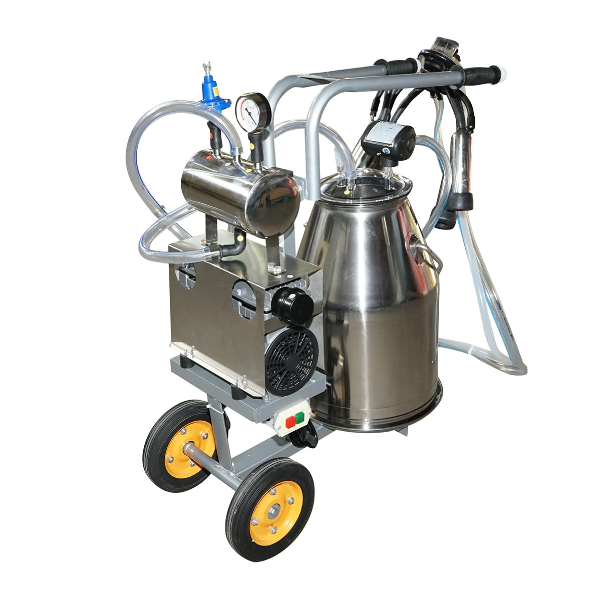 Tehénfejő gép, 1 állásos, 650 W, 25 literes rozsdamentes acél tartállyal, fejőegység 4 fejőpohárral, vákuumnyomás 45–50 kPa, pulzálás 60–80 ciklus/perc