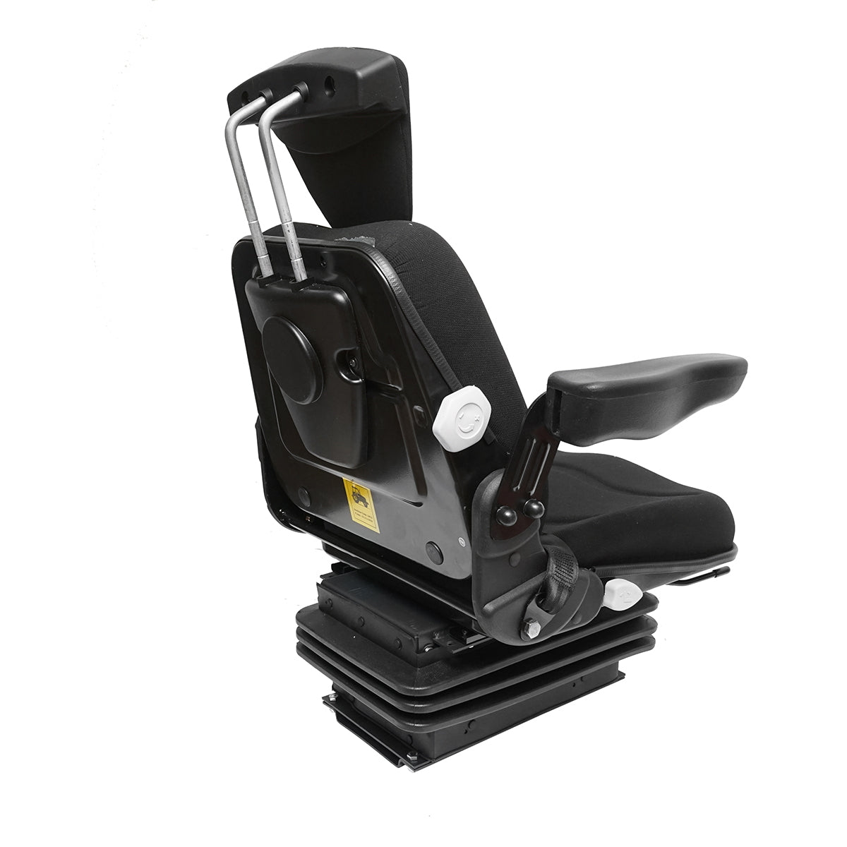 Fekete traktorülés, állítható, kartámasszal, fejtámlával, biztonsági övvel és mechanikus felfüggesztéssel, ülés szélessége 455 mm