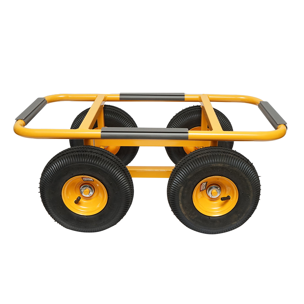 Négykerekű fém szállítókocsi pneumatikus kerekekkel, 750×380 mm, 250 mm átmérőjű kerekekkel