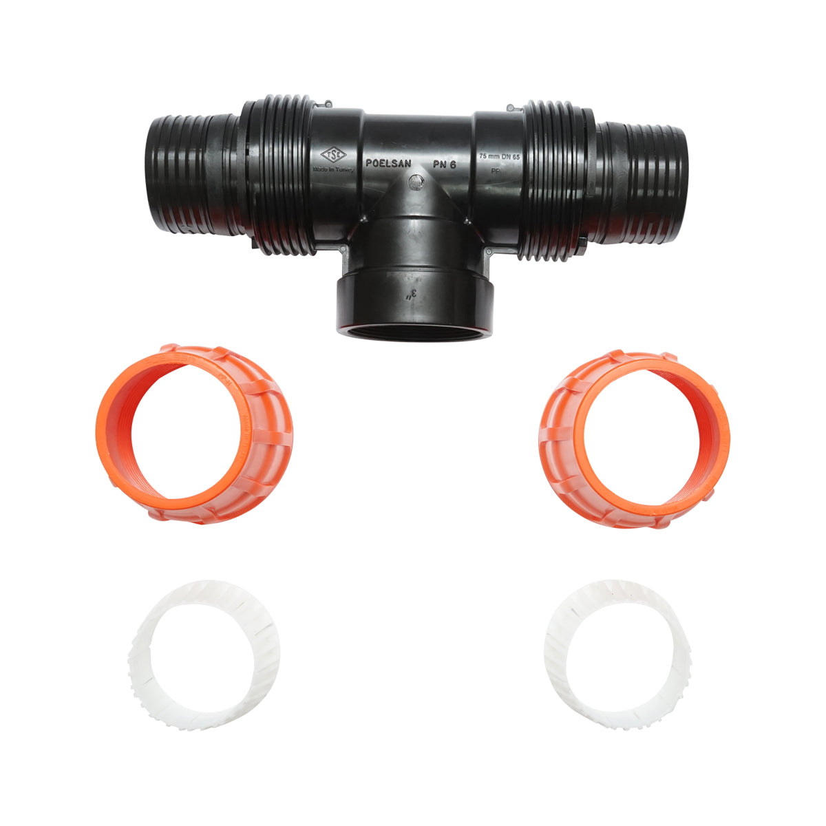 T-idom Layflat tömlőhöz hollandis csatlakozással, D75x75 mm, belső menettel, PN6, Poelsan