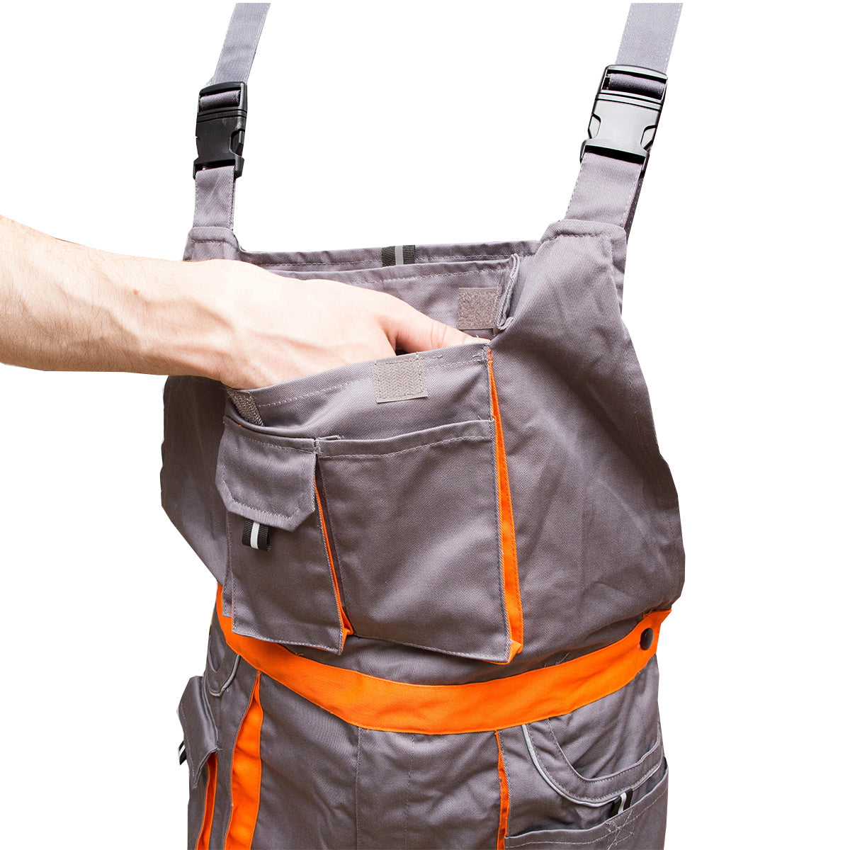 Kantáros munkásnadrág, szürke/narancssárga, 48-as méret, poliészter-pamut, 235 g/m², Breckner Germany