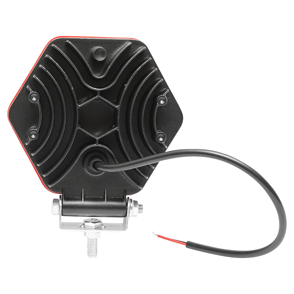 Hatszögletű lámpa piros műanyag ráccsal, 16 LED, DC 10–60V, 48W, 30° sugárzási szög