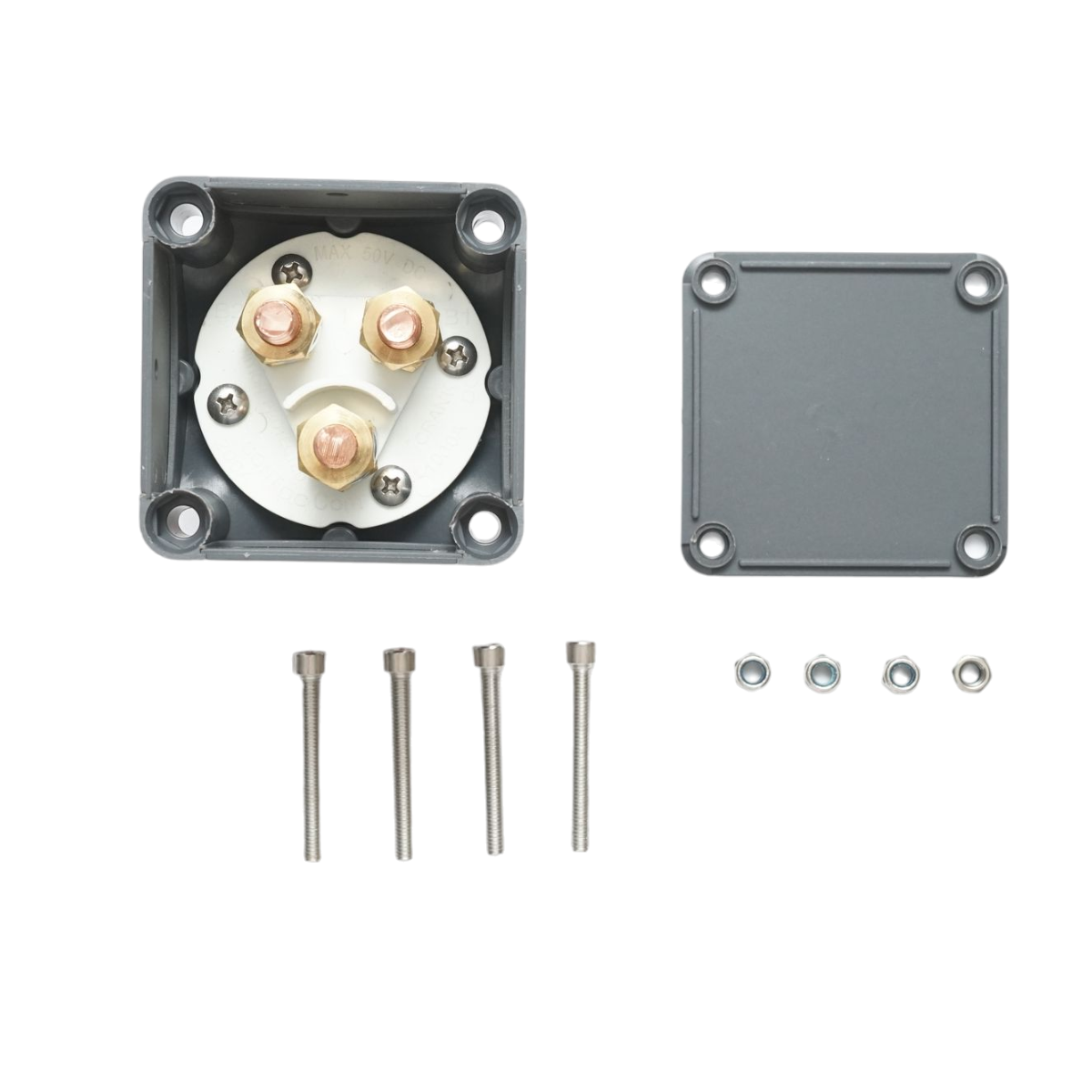 Főkapcsoló akkumulátorhoz, 12–50V, max. 200A, méret: 70x70x75 mm