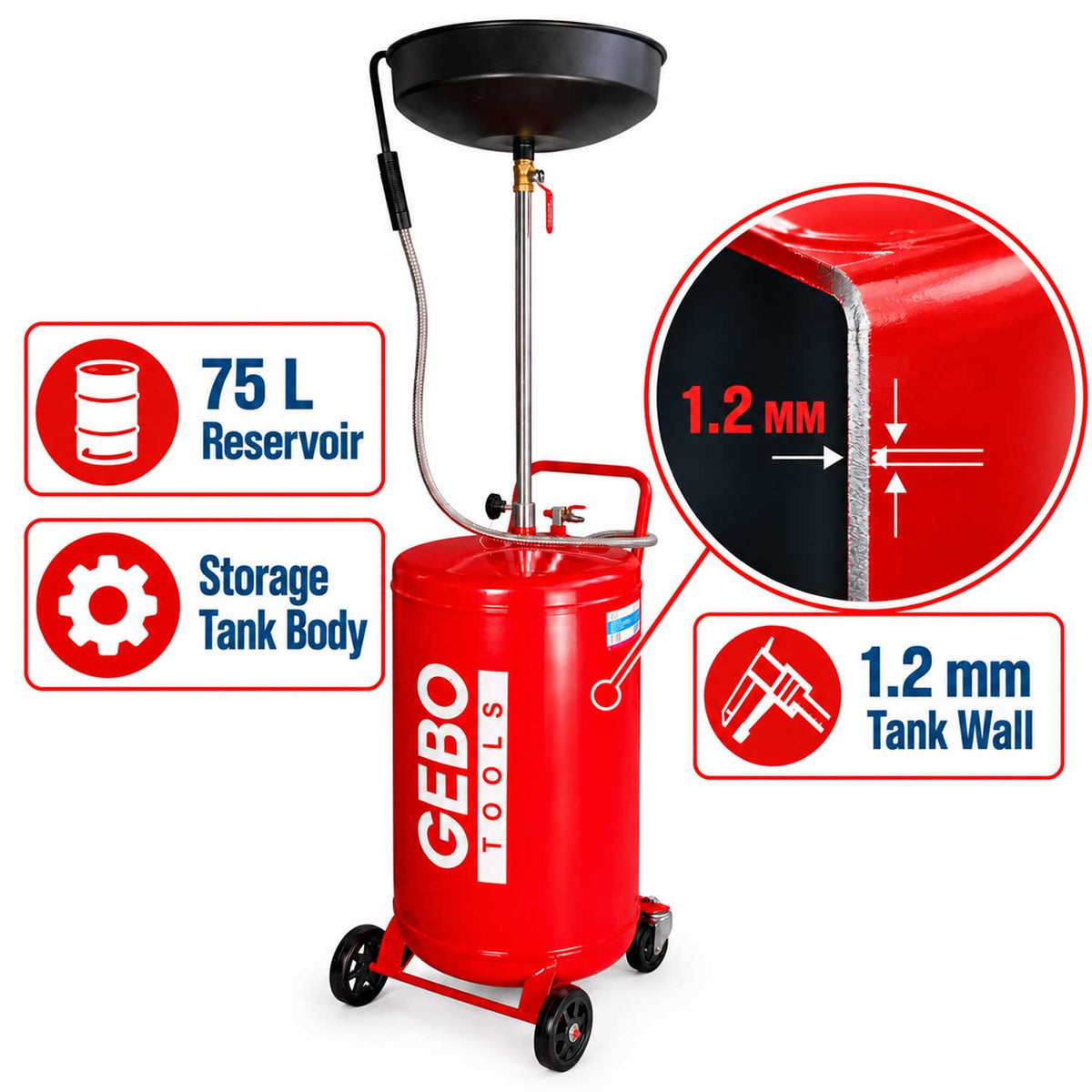 Fáradtolaj gyűjtő - olajleeresztő 75 l ,10 l-es gyűjtőedénnyel, 6–8 bar ürítési nyomással, állítható rúddal GEBO TOOLS