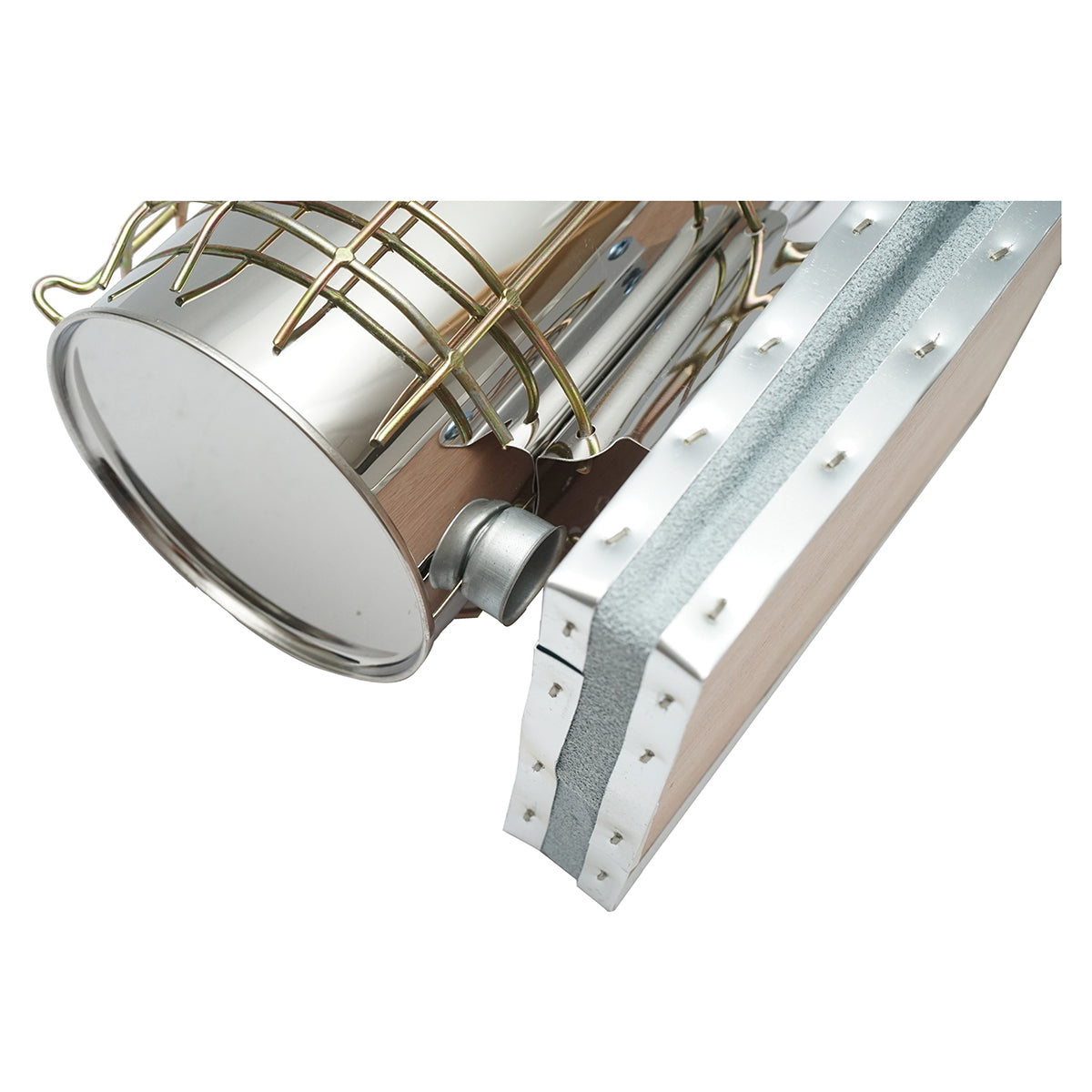 Méhészeti füstölő, rozsdamentes acél, hővédő hengerrel és bőrfújtatóval, 190 mm