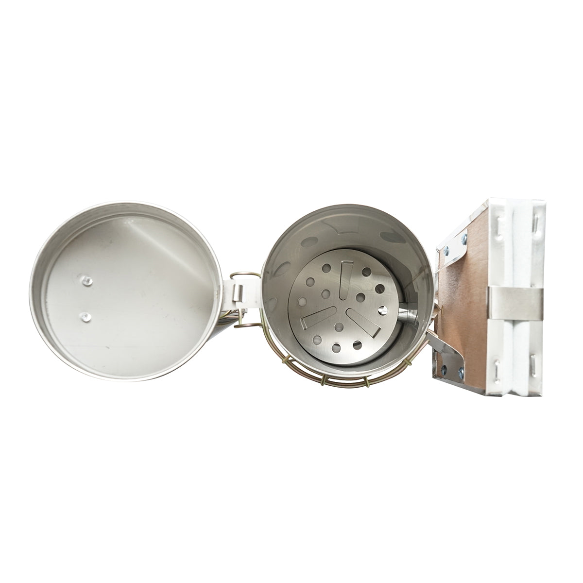 Méhészeti füstölő, rozsdamentes acél, hővédő hengerrel és bőrfújtatóval, 190 mm