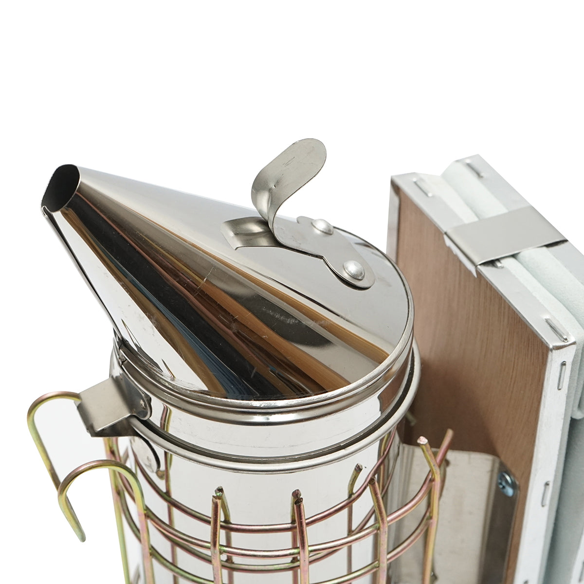 Méhészeti füstölő, hővédő hengerrel és bőrfújtatóval, 160 mm, rozsdamentes acél