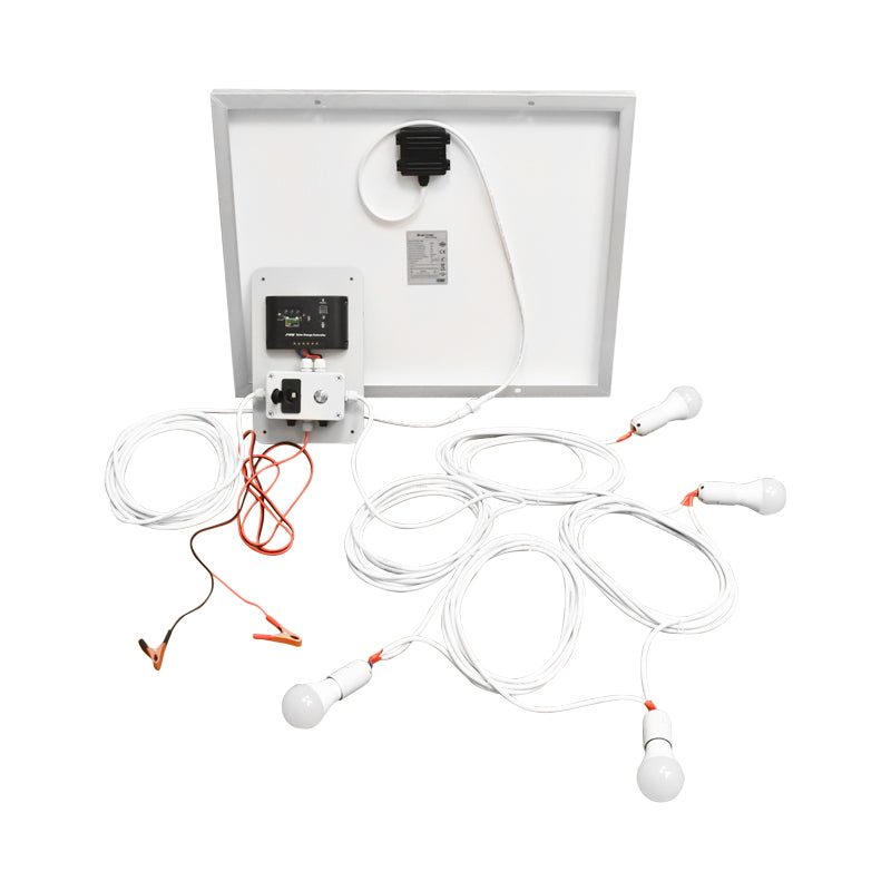 Napelem szett, 50W monokristályos, 670x540x30 mm, 12–24V, szivargyújtó aljzattal és 4 db 9W izzóval, Breckner Germany